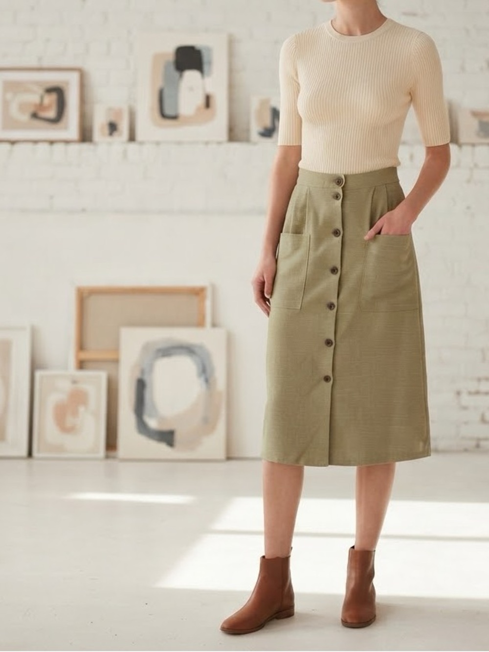 OAK + FORT Olive Green Button-Front Midi Skirt